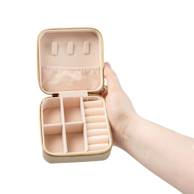 CSOL Jewelry Travel Case - Compact Cream Travel Jewelry Organizer with Ring Rows & Compartments