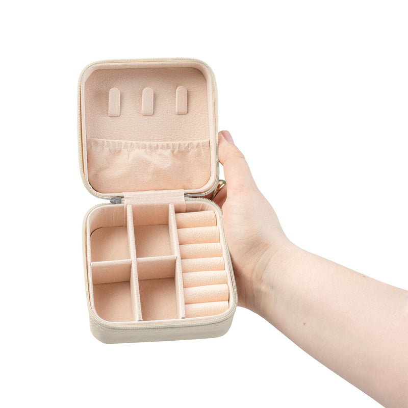 CSOL Jewelry Travel Case - Compact Cream Travel Jewelry Organizer with Ring Rows & Compartments